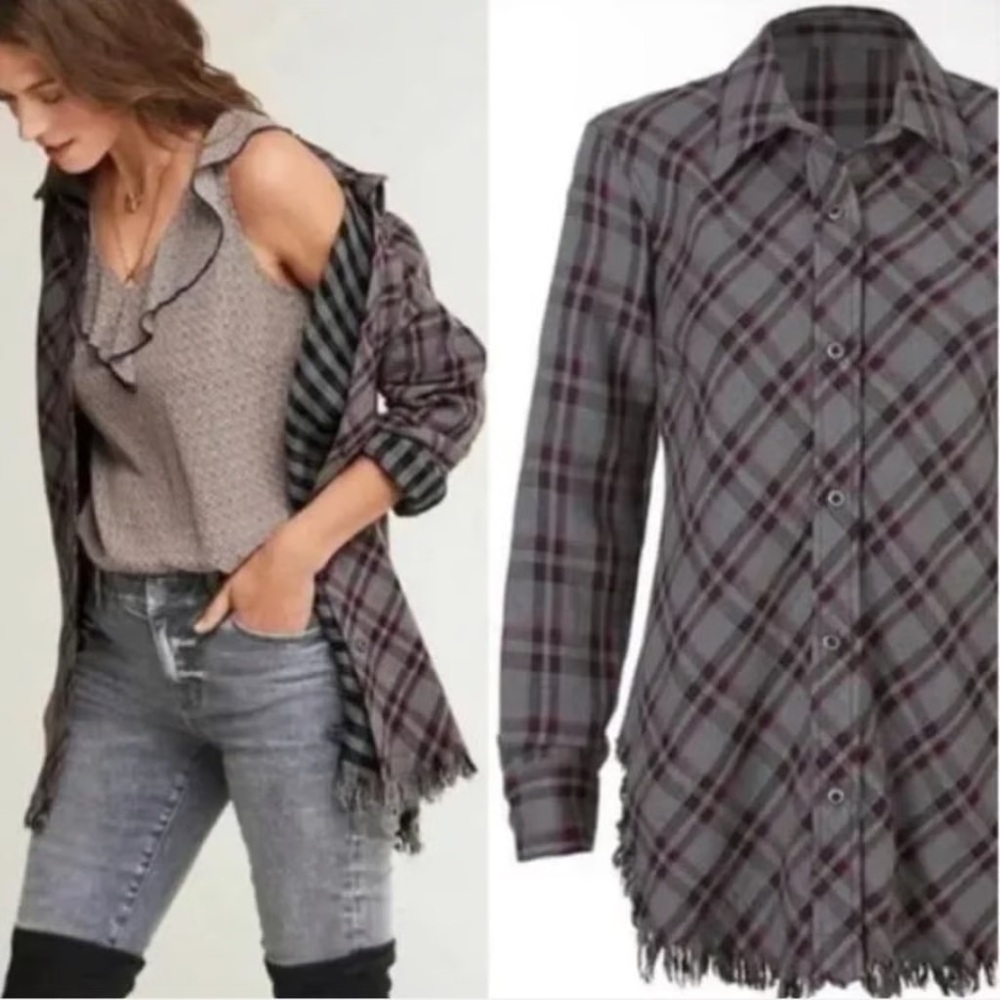 CAbi Highland Flannel Shirt Plaid Button Down Shacket Gray Purple (M)